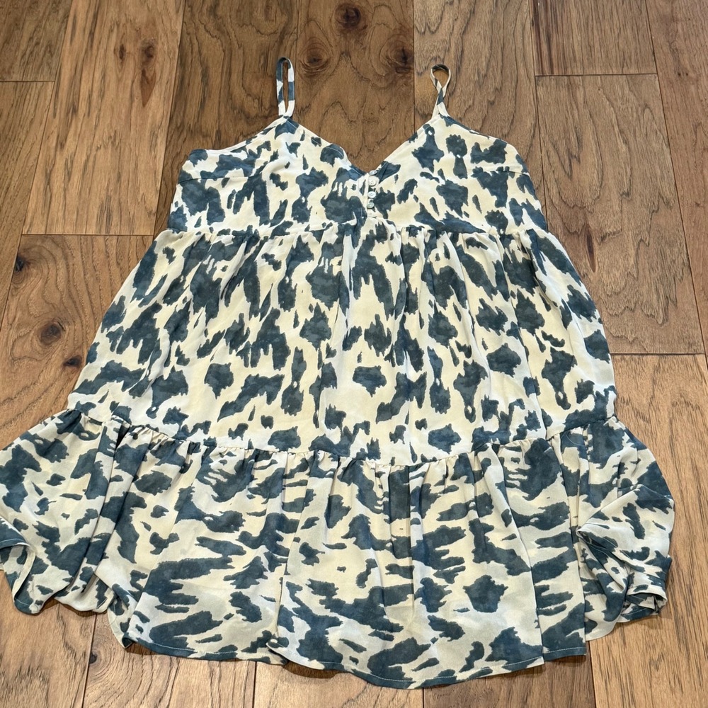 Fab'rik Green Cream Lined Abstract Animal Print Tiered Babydoll Mini Dress Large